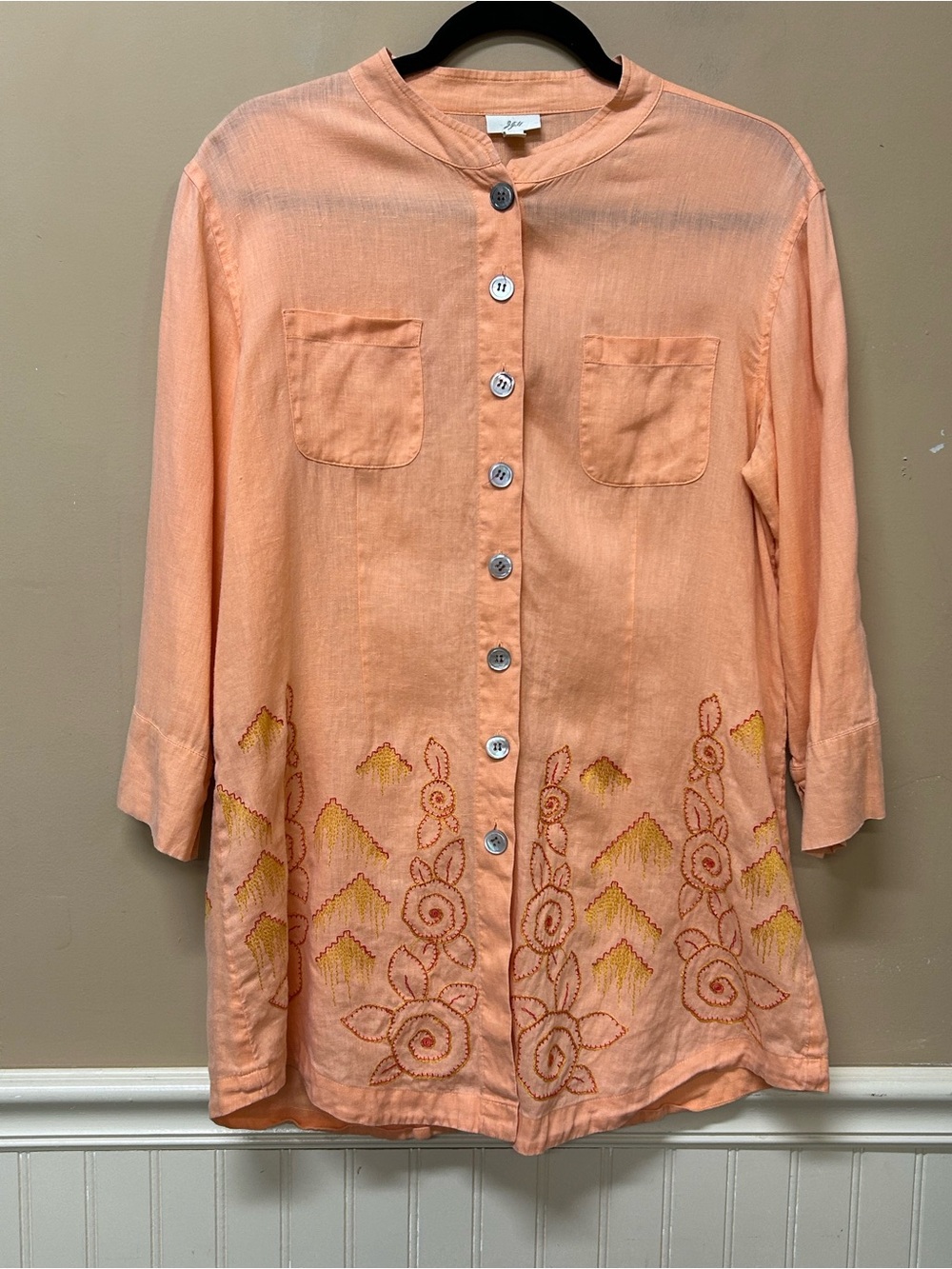 J Jill 100% Linen Embroidered Button Front Shirt Tunic Sz S Top Lagenlook